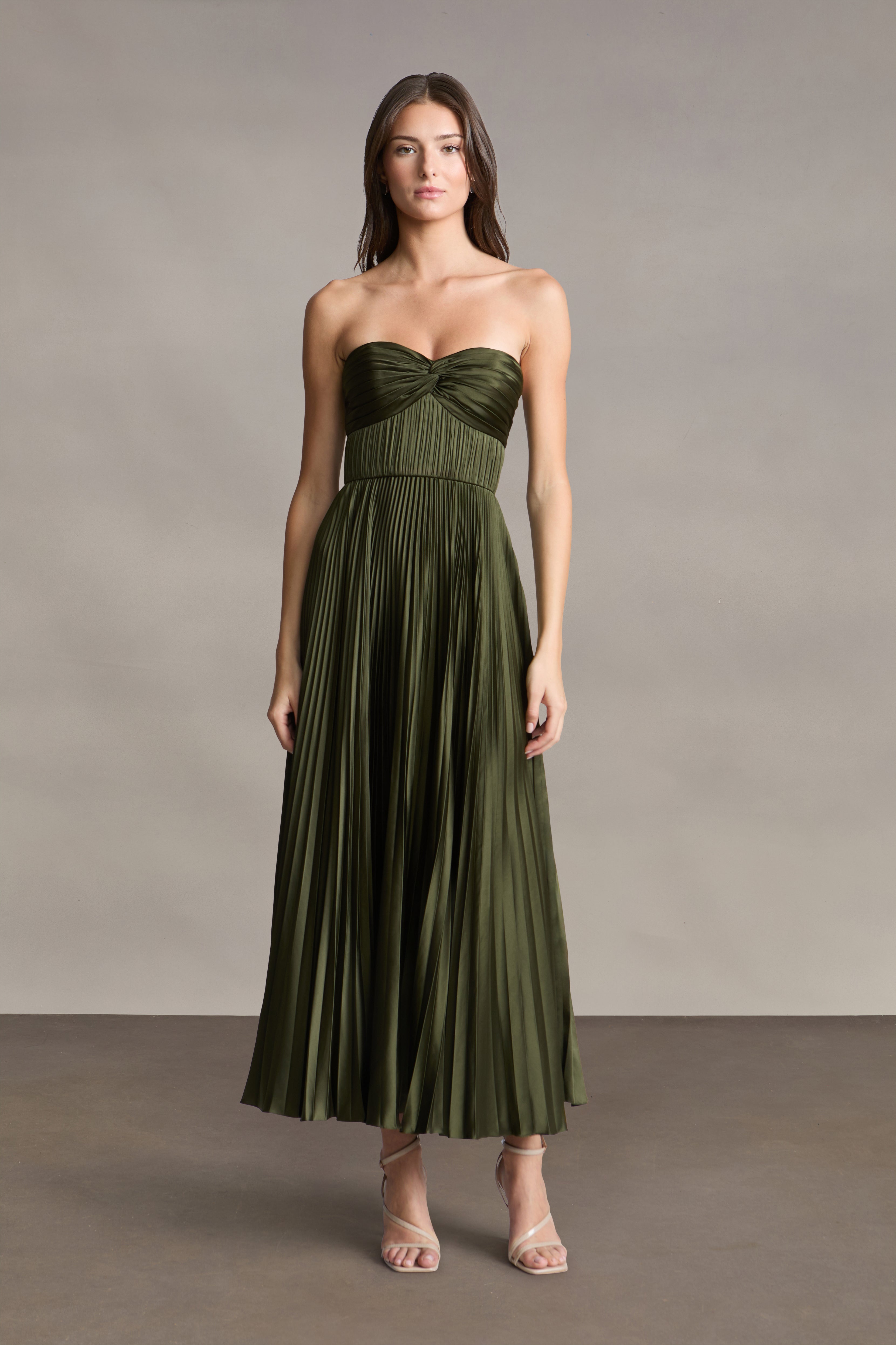 AMUR - Ruched Bustier Pleated Ankle Gown - Olive AMUR - Ruched Bustier Pleated Ankle Gown - Olive