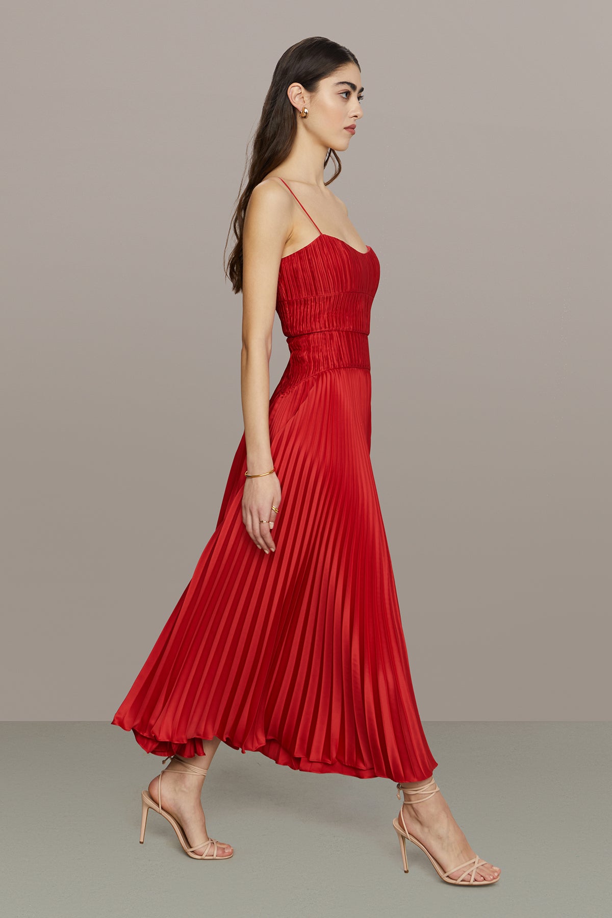red pleated midi dress Maison Tara Sleeveless Maxi Dress