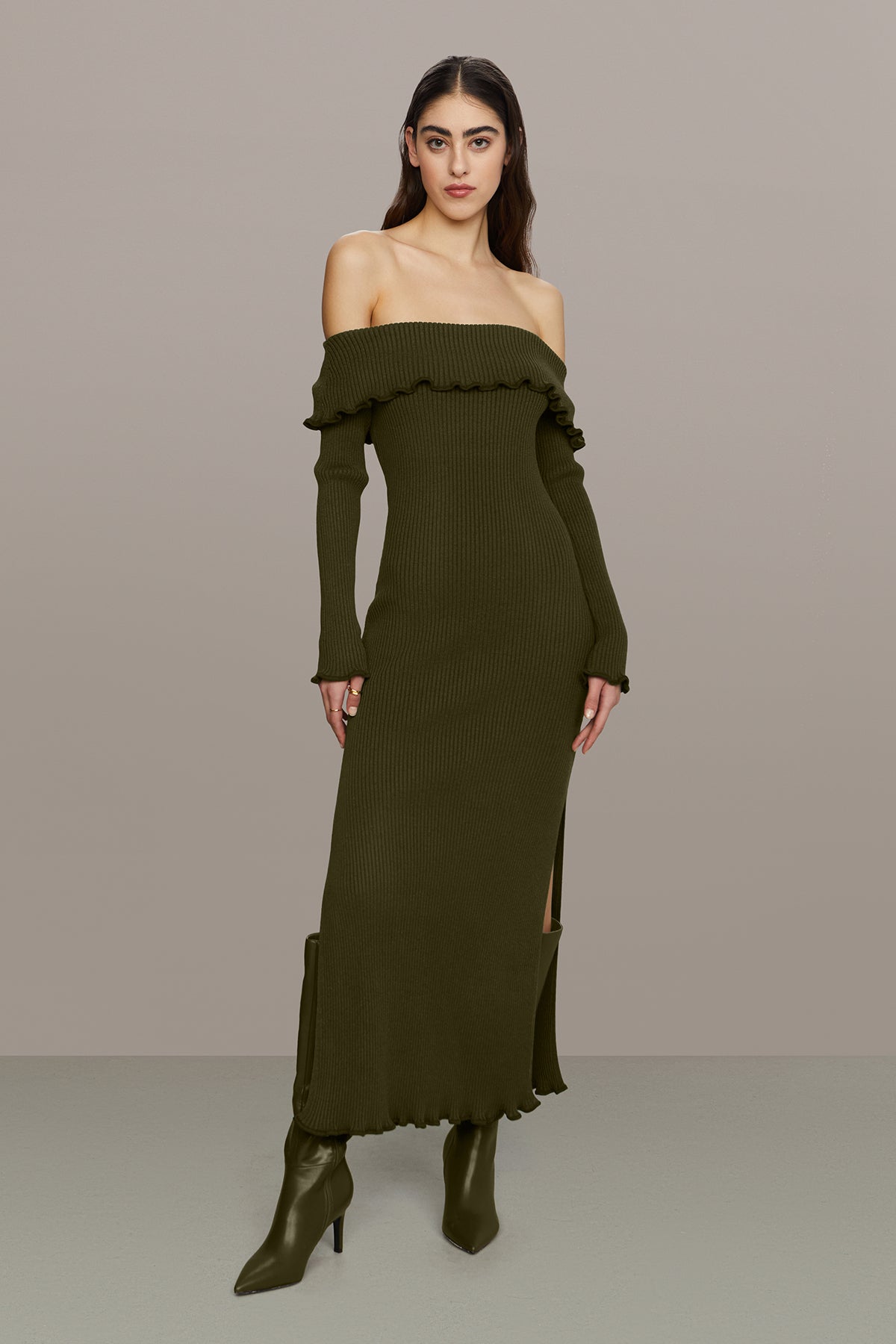 lettuce edge off the shoulder dress Senorita Off-Shoulder Lettuce Edge Detail Ruched Knee Length Dress Bla