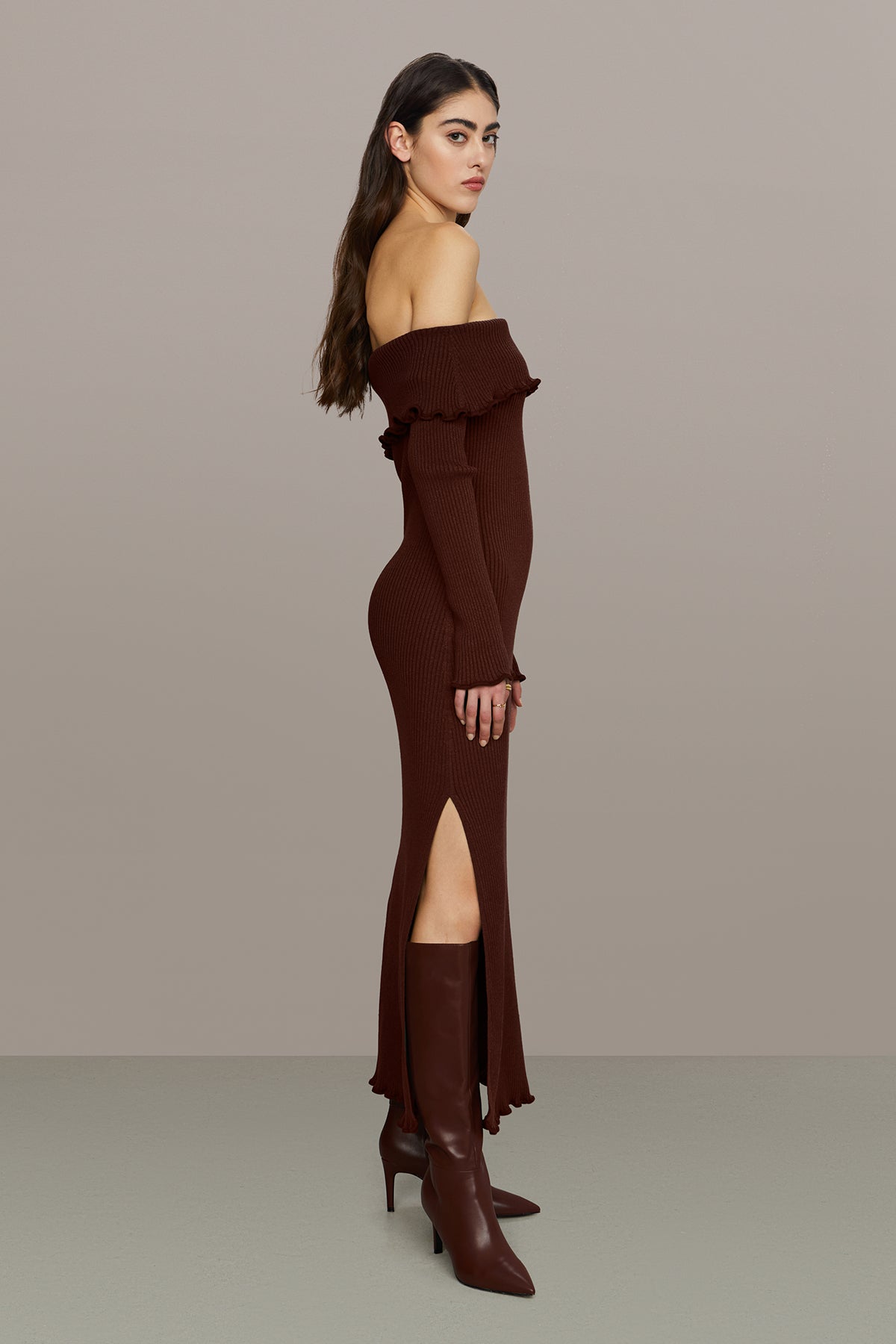 off the shoulder lettuce edge dress Senorita Off-Shoulder Lettuce Edge Ruched Knee Length Dress Blush