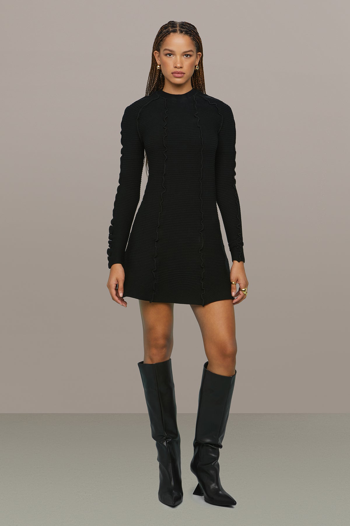 ribbed lettuce edge dress Cardiff Olive Green Ribbed Bell Sleeve Lettuce-Edge Dress