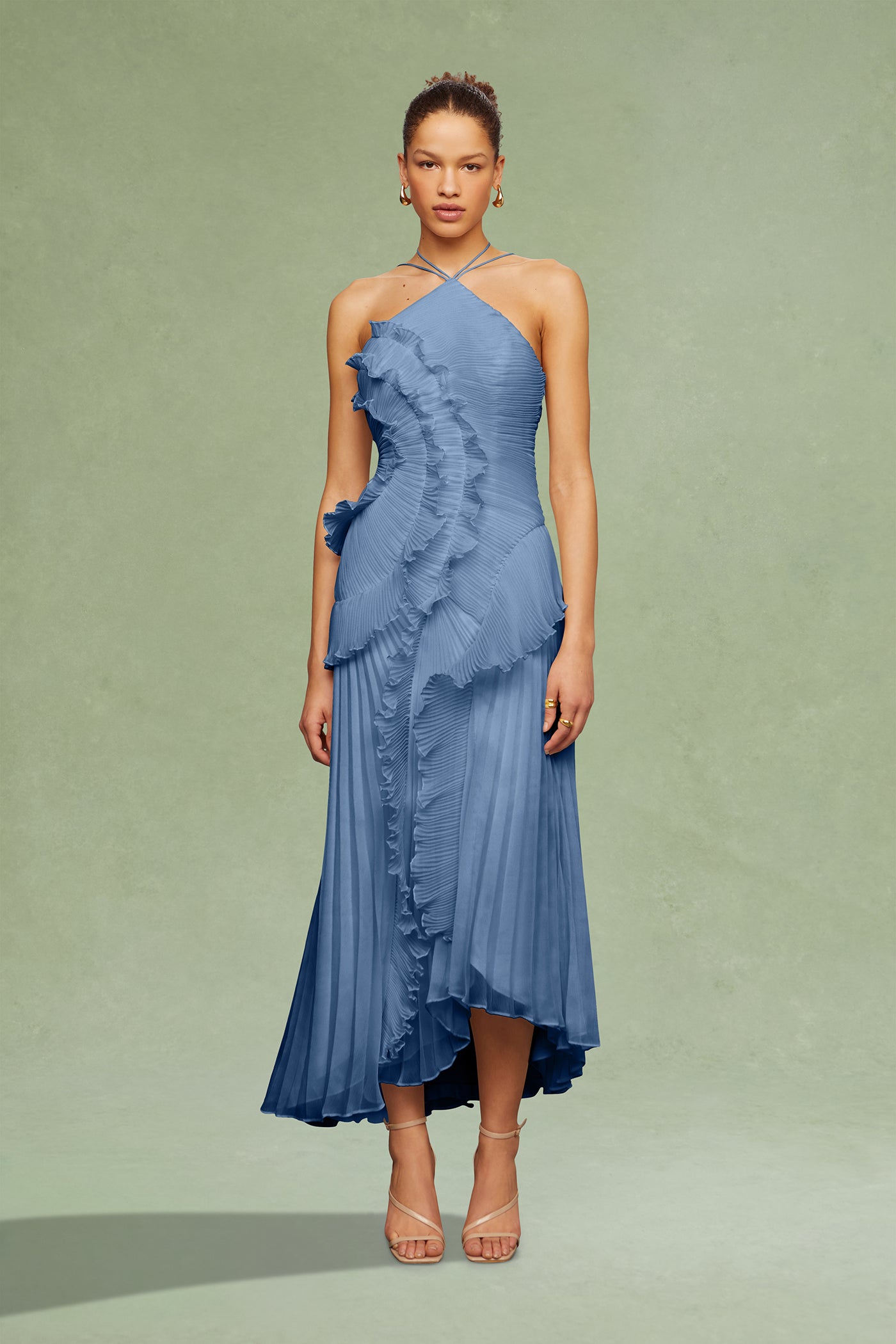 sachin and babi light blue dress AMUR Lorelie Pleated Halter Gown