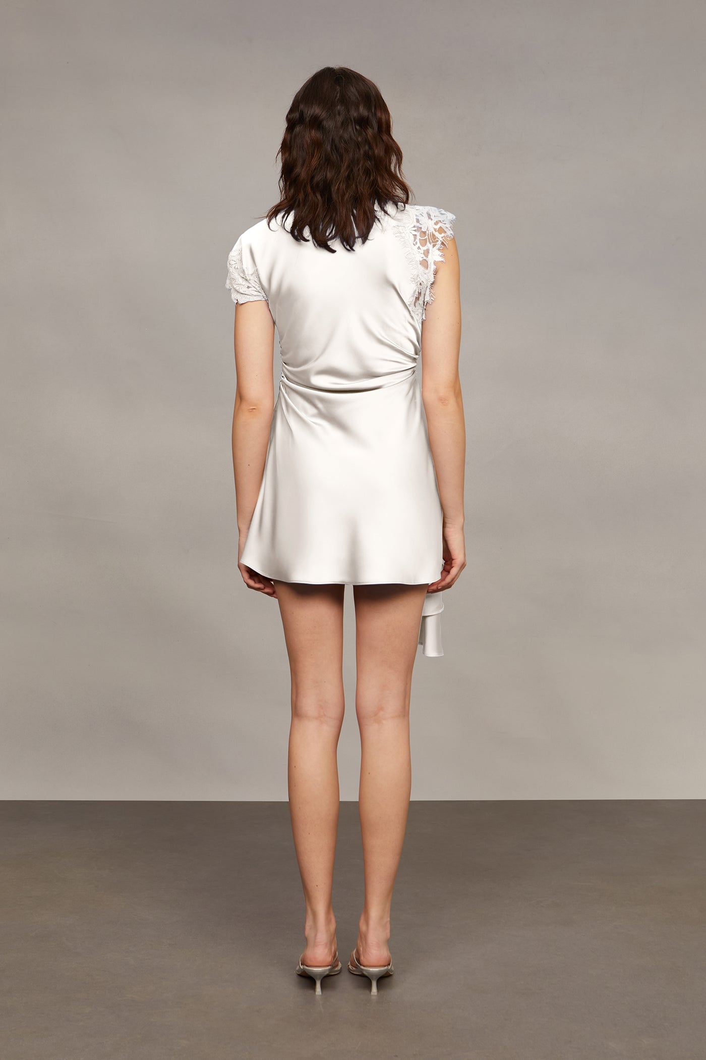 amur zina asymmetric lace ruched satin mini dress AMUR Zina Asymmetric Lace Ruched Satin Mini Dress