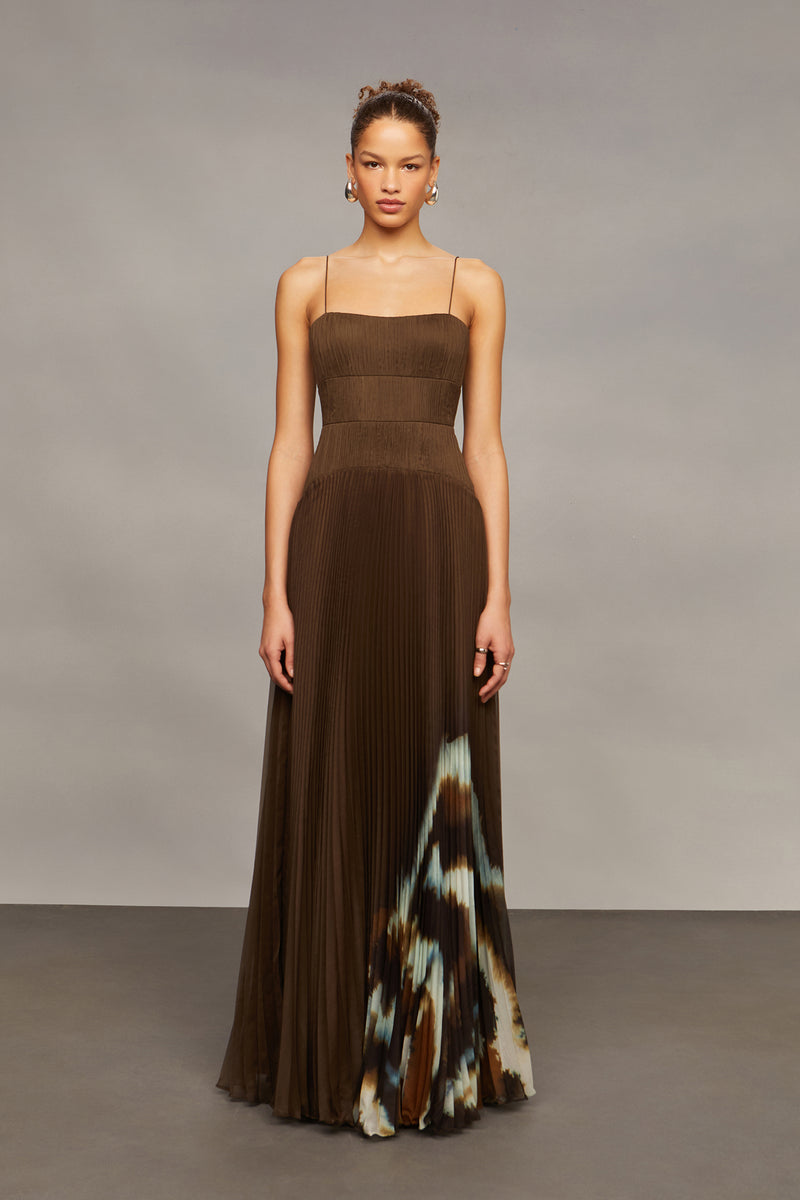 amur brown dress Sue Pleated Gown Amur sue pleated gown