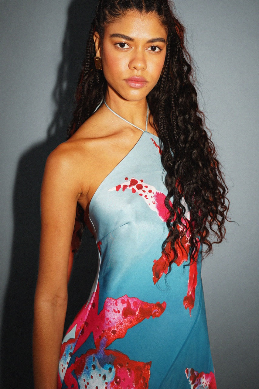 Woman wearing a blue halter neck dress with red floral patterns against a gray background