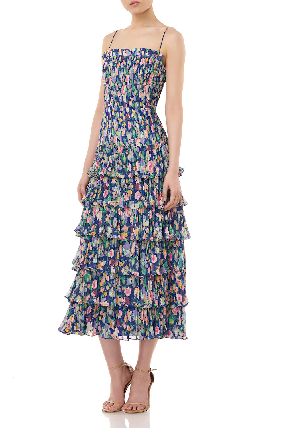 amur viola pleated floral dress AMUR Viola Pleated Ruffle Dress Blue Floral Tiered Midi - Size 10