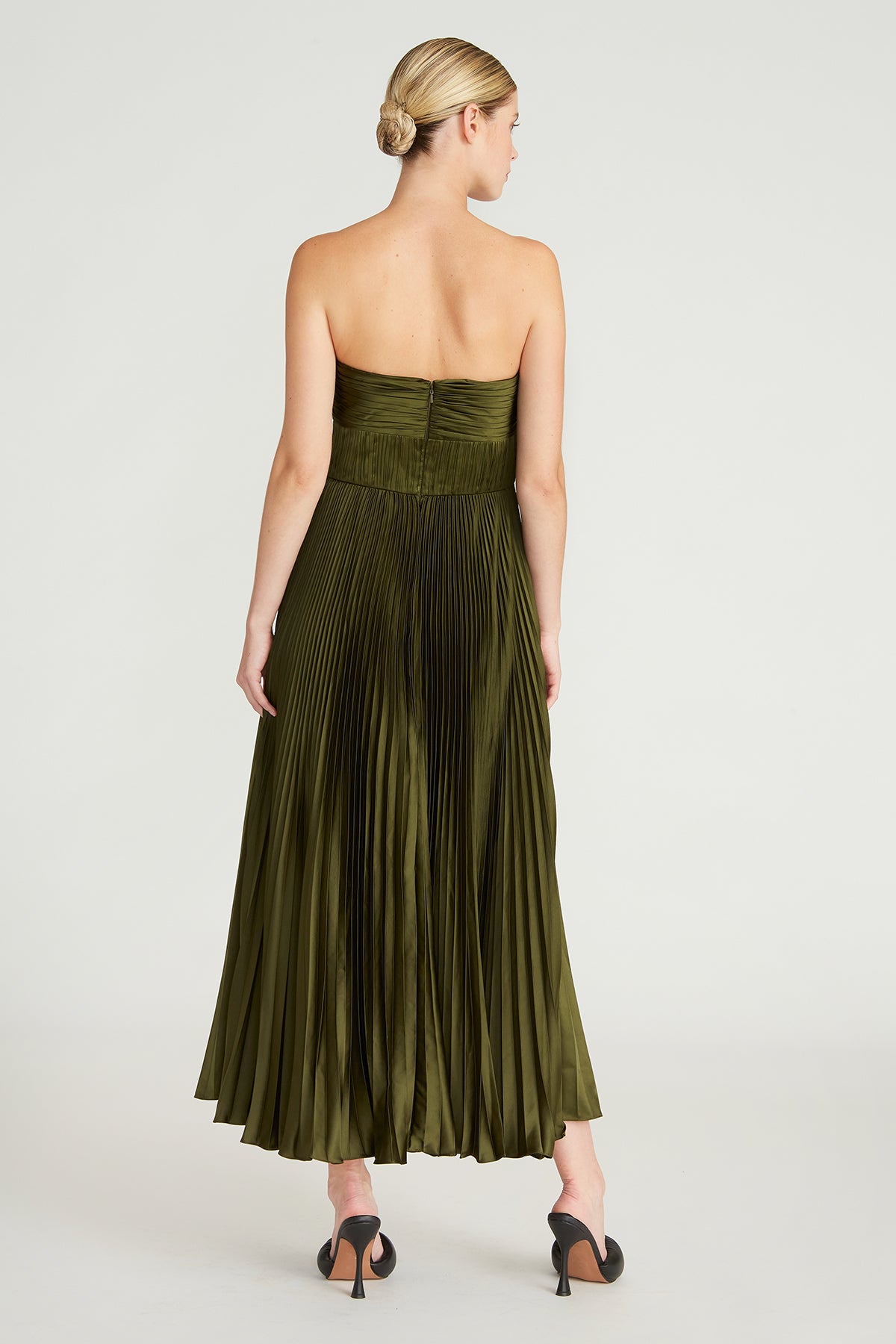 AMUR - Ruched Bustier Pleated Ankle Gown - Olive