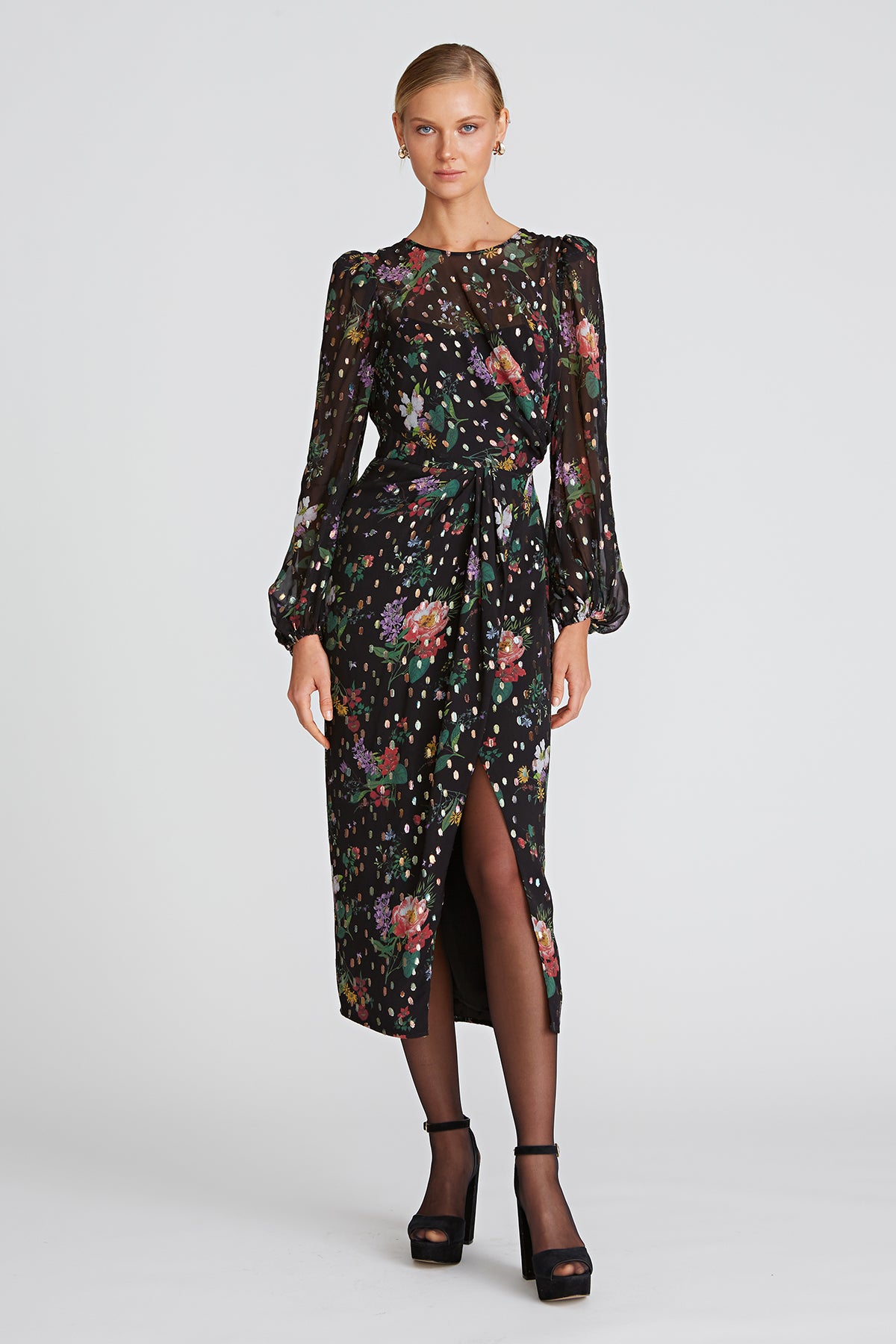 AMUR - Sabine Drape Dress - Black Floating Floral AMUR - Sabine Drape Dress - Black Floating Floral