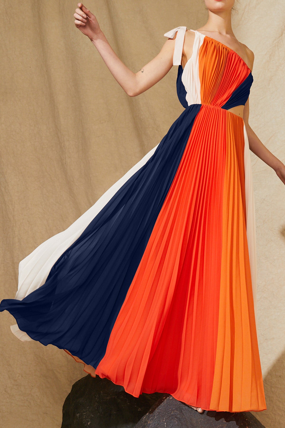 pleated colorful dress Fleur Plunge Neckline Pleated Maxi Dress