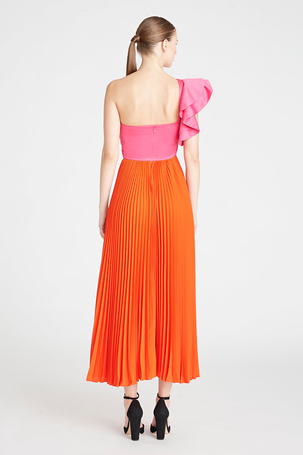 amur pink and orange dress AMUR Lotta Color-Blocked Silk Maxi Dress