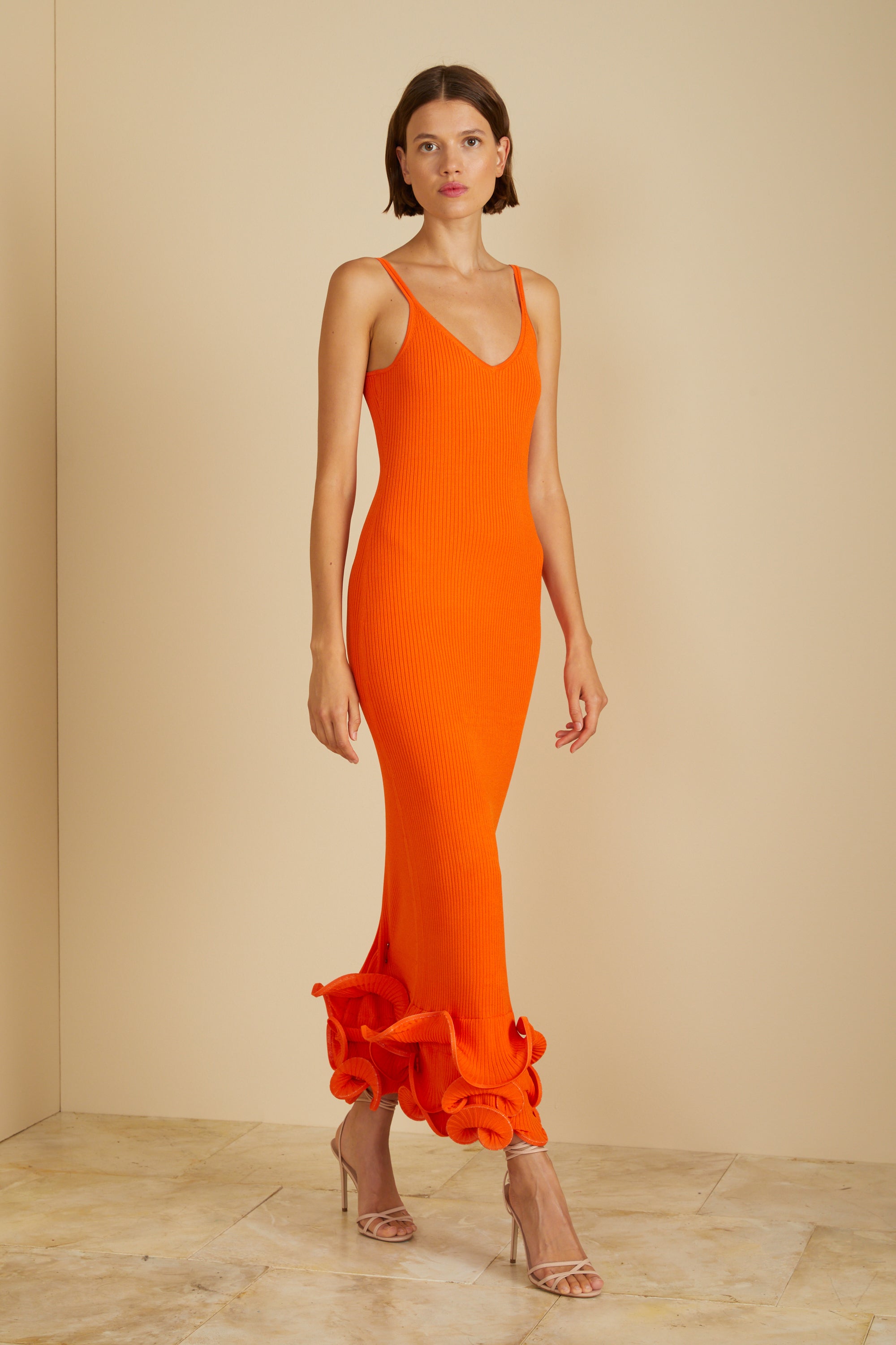 orange knit dress ANDREEVA this one brings the heat in all the best ways FAYE WOOL KNIT DRESS VIBRANT