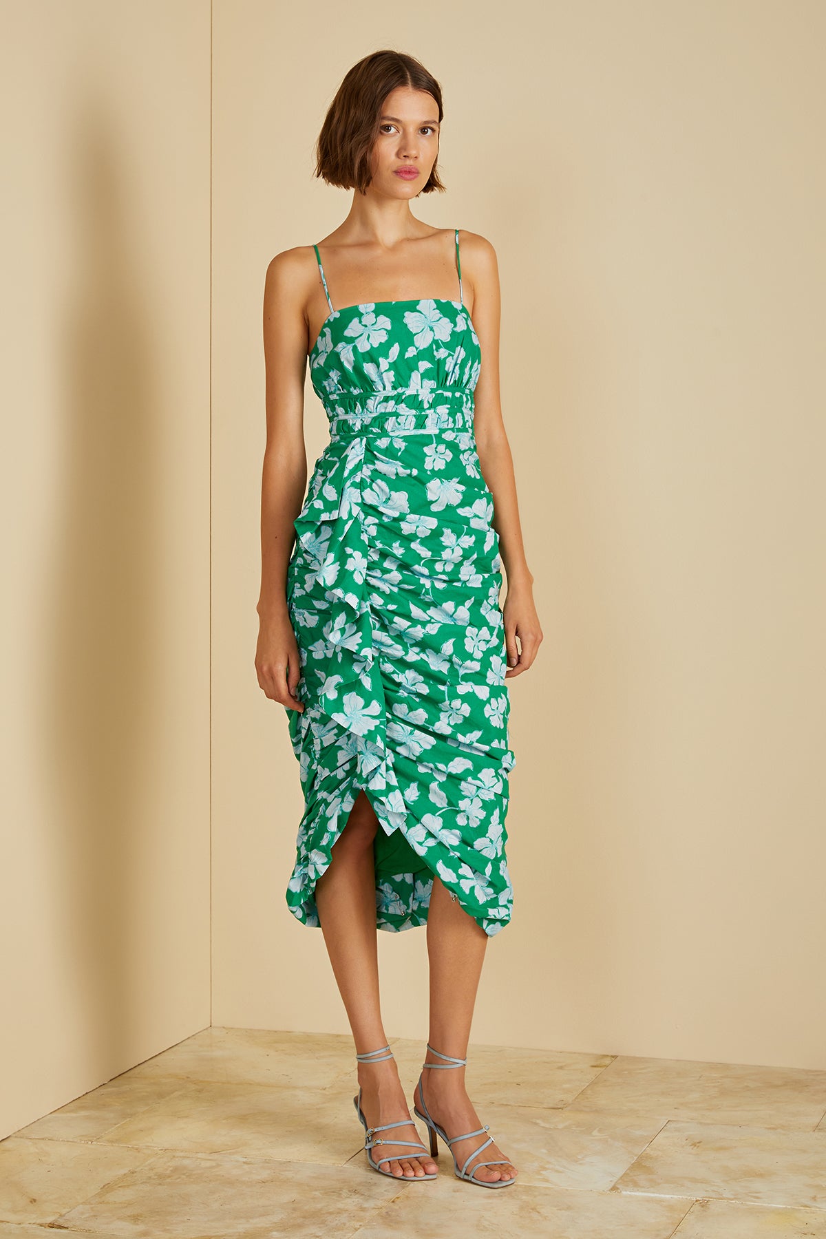 ruched midi dress floral Lorelle Floral Mesh Bodycon Midi Dress Shop American Threads Women's Trendy Online Boutique Rose Garden / S