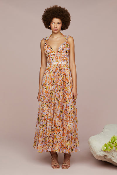 ■MOJO ESPIN(模造エスピン)Printed chiffon long pleated dress Neve Pleated Chiffon Dress – AMUR