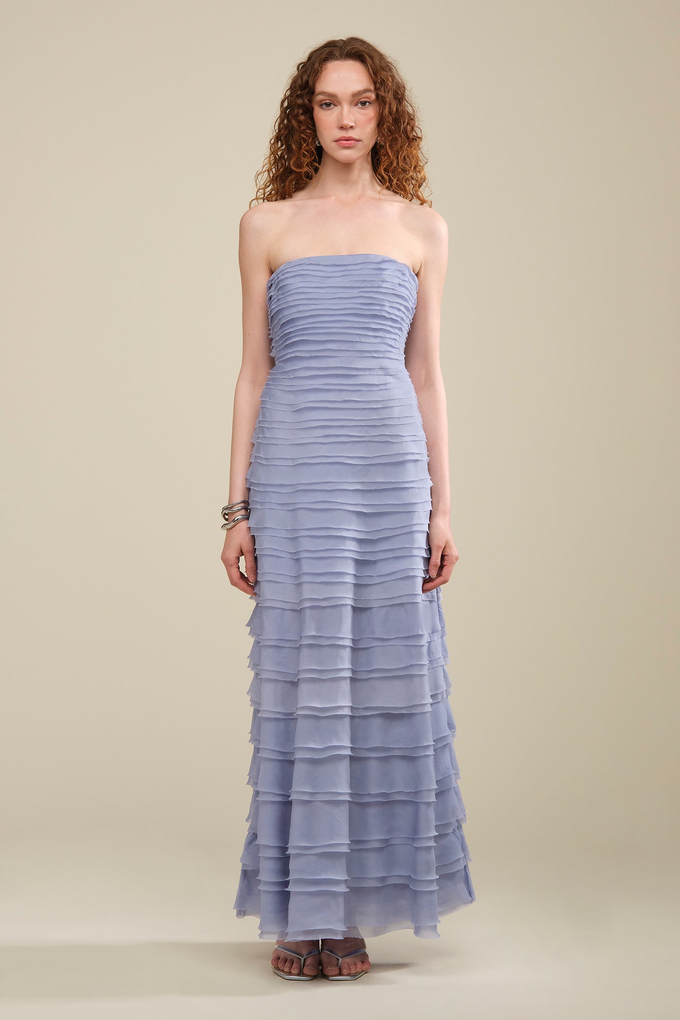amur strapless pleated ruffled maxi dress AMUR Strapless Pleated Ruffled Maxi Dress