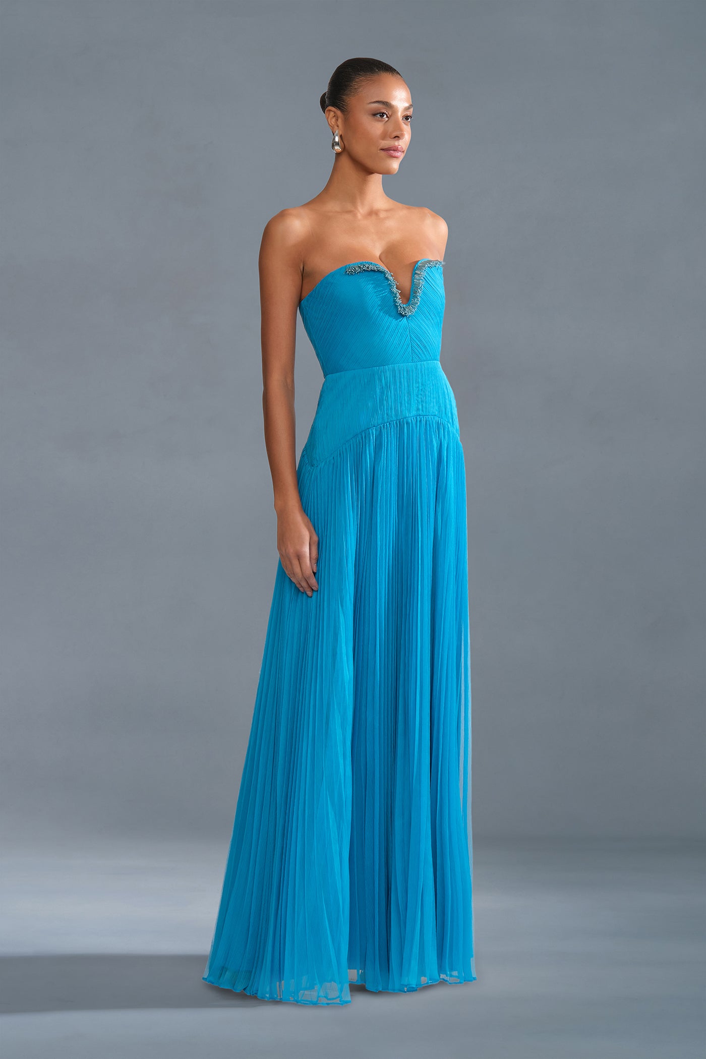 pleated dress formal Pleated Chiffon Long Sleeve Tea Length Gown - Women Formal Evening Dress by Ladivine CD242S main image 0