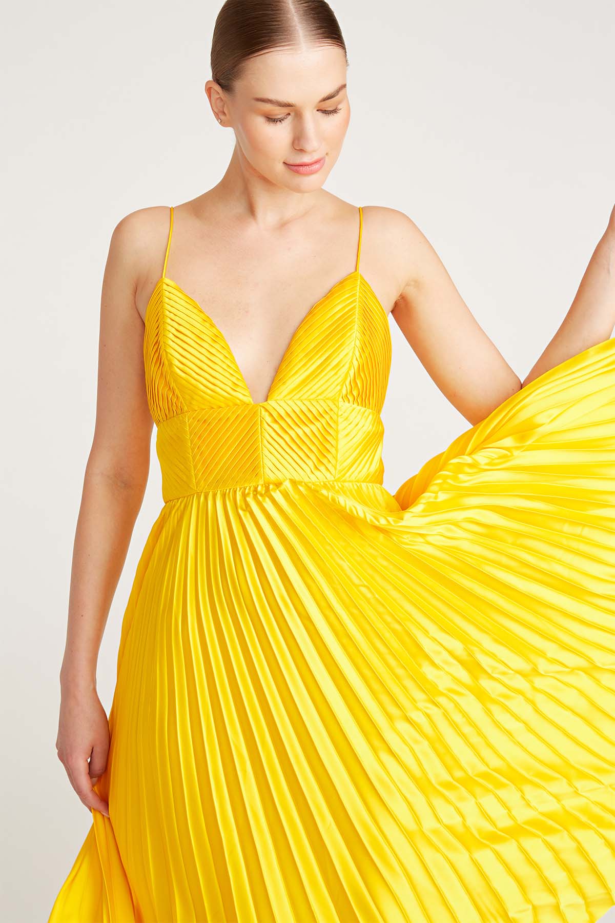 yellow pleated dress Viv Mitered Pleating Dress – AMUR