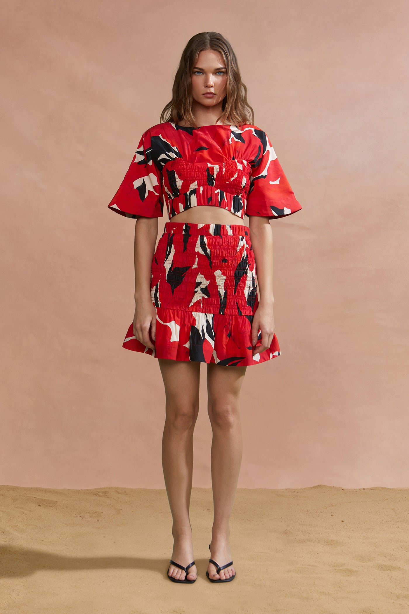 amur Elle Smocked Crop Top Red Bloom