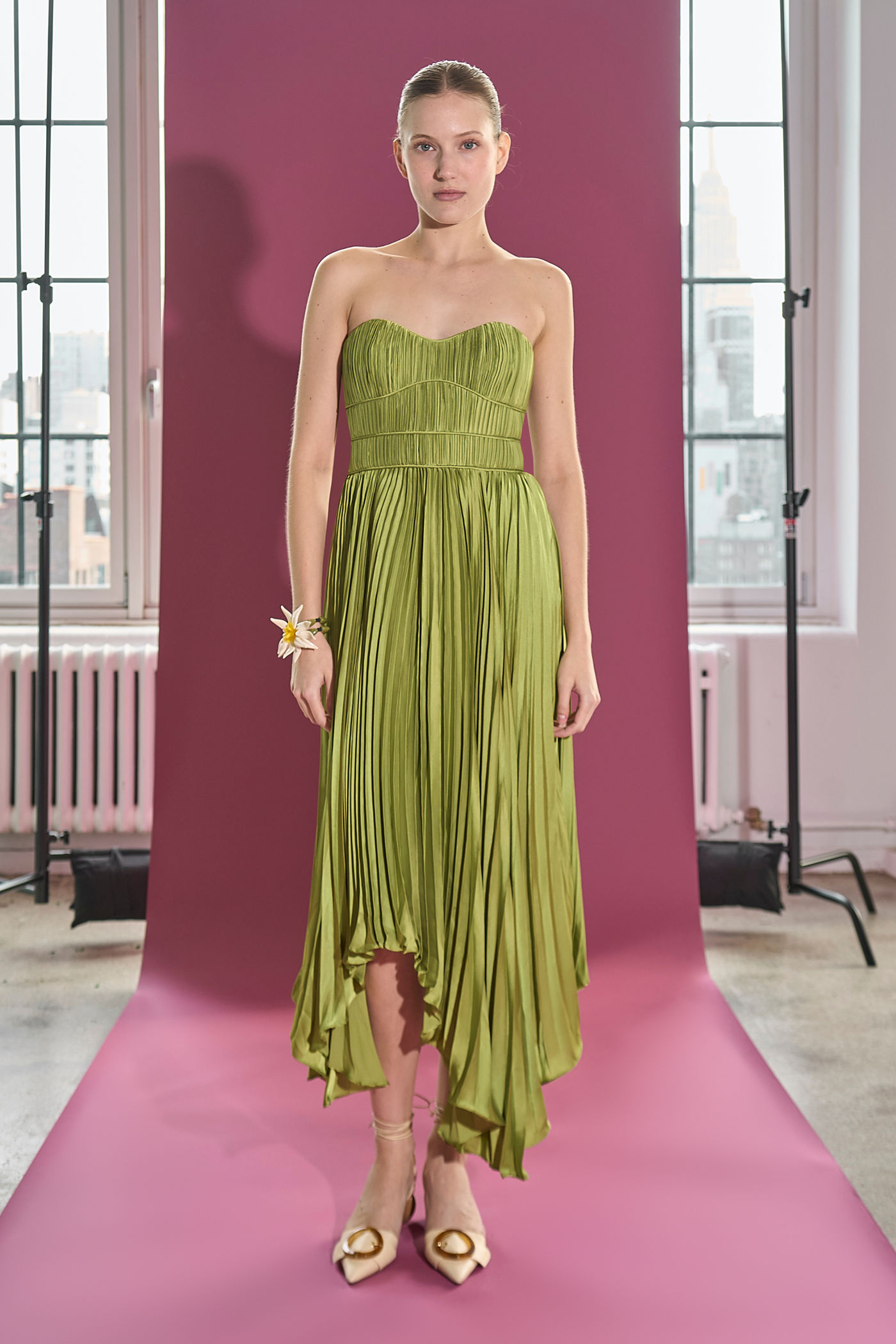 amur juliett strapless pleated asymmetric midi dress The Juliet midi dress, strapless with a pleated bodice, sunburst skirt, and asymmetric hem made to move. Perfect for making an unforgettable entrance #Summer2025 #SustainableFashion #SummerDress #SummerColorPalette