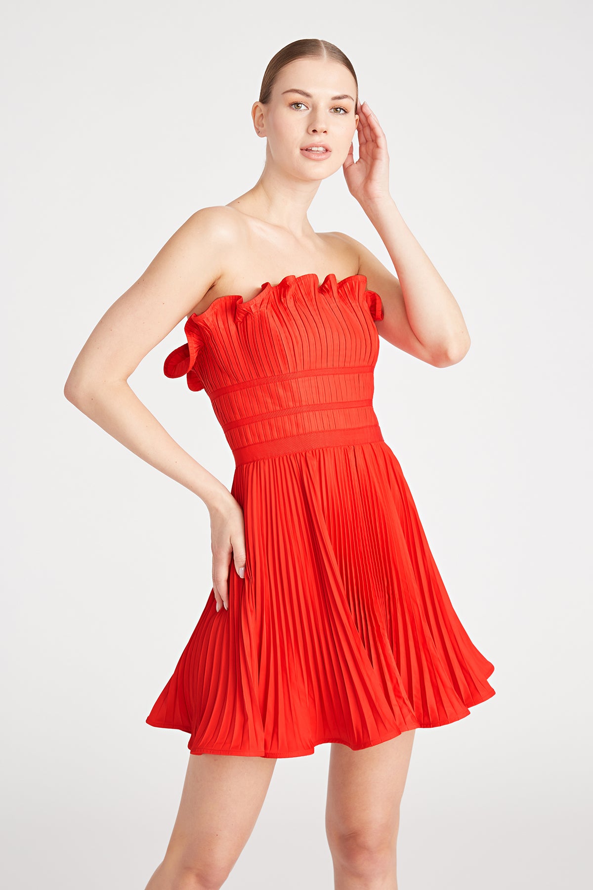 amur lorena strapless pleated mini dress Lorena Strapless Mini Dress